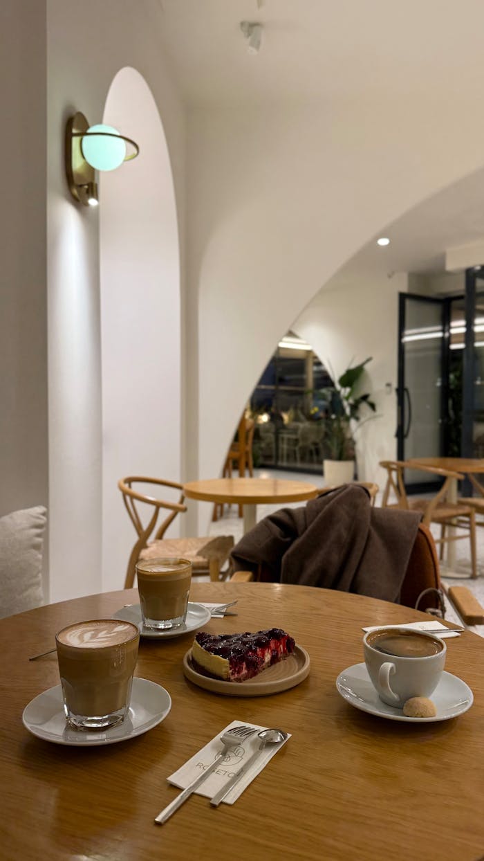 Warm cafe interior with coffee and pastry on wooden table. Perfect ambiance for relaxation.